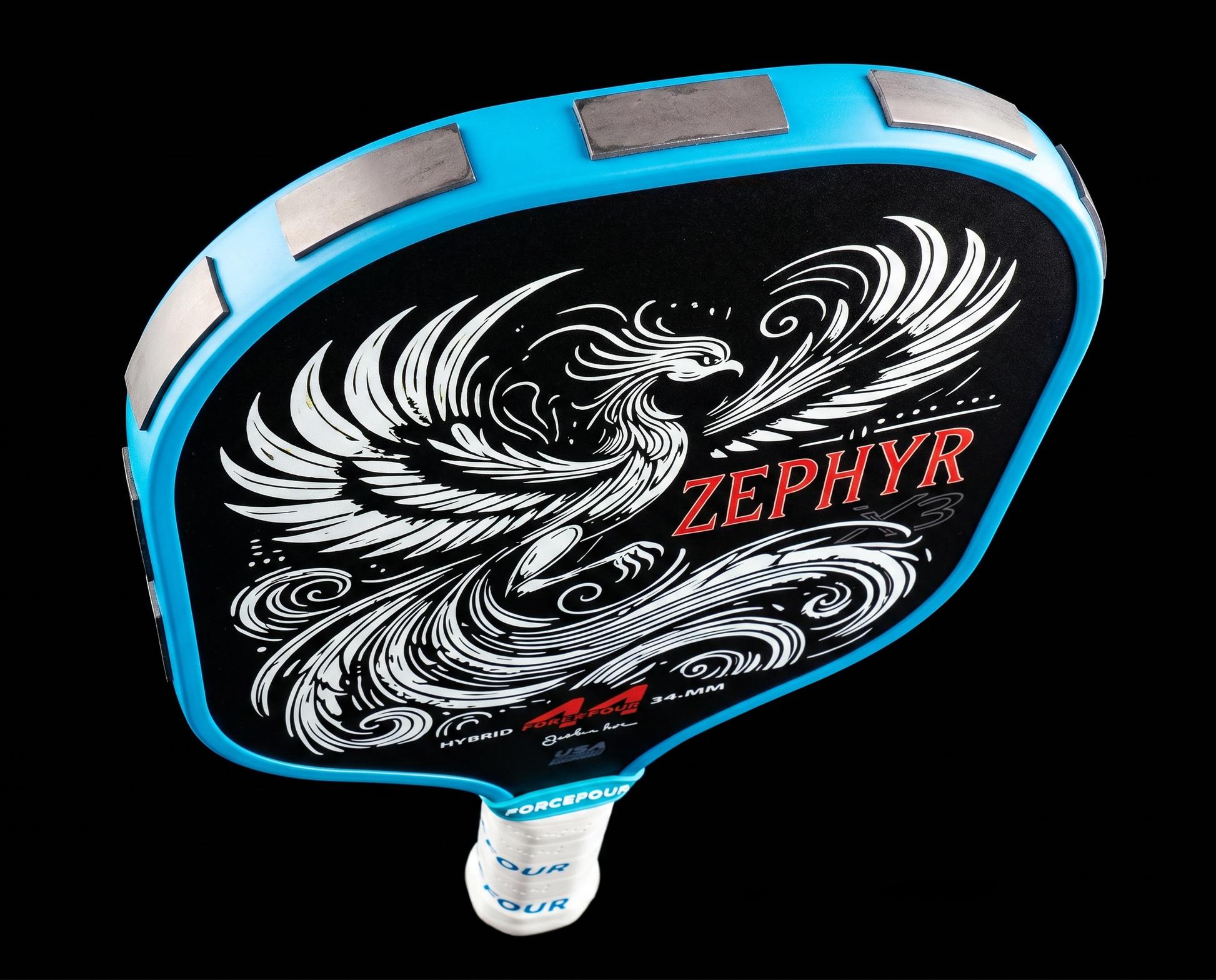 Tungsten Tune Tape strips applied to the top edge of a FortyFour Zephyr paddle