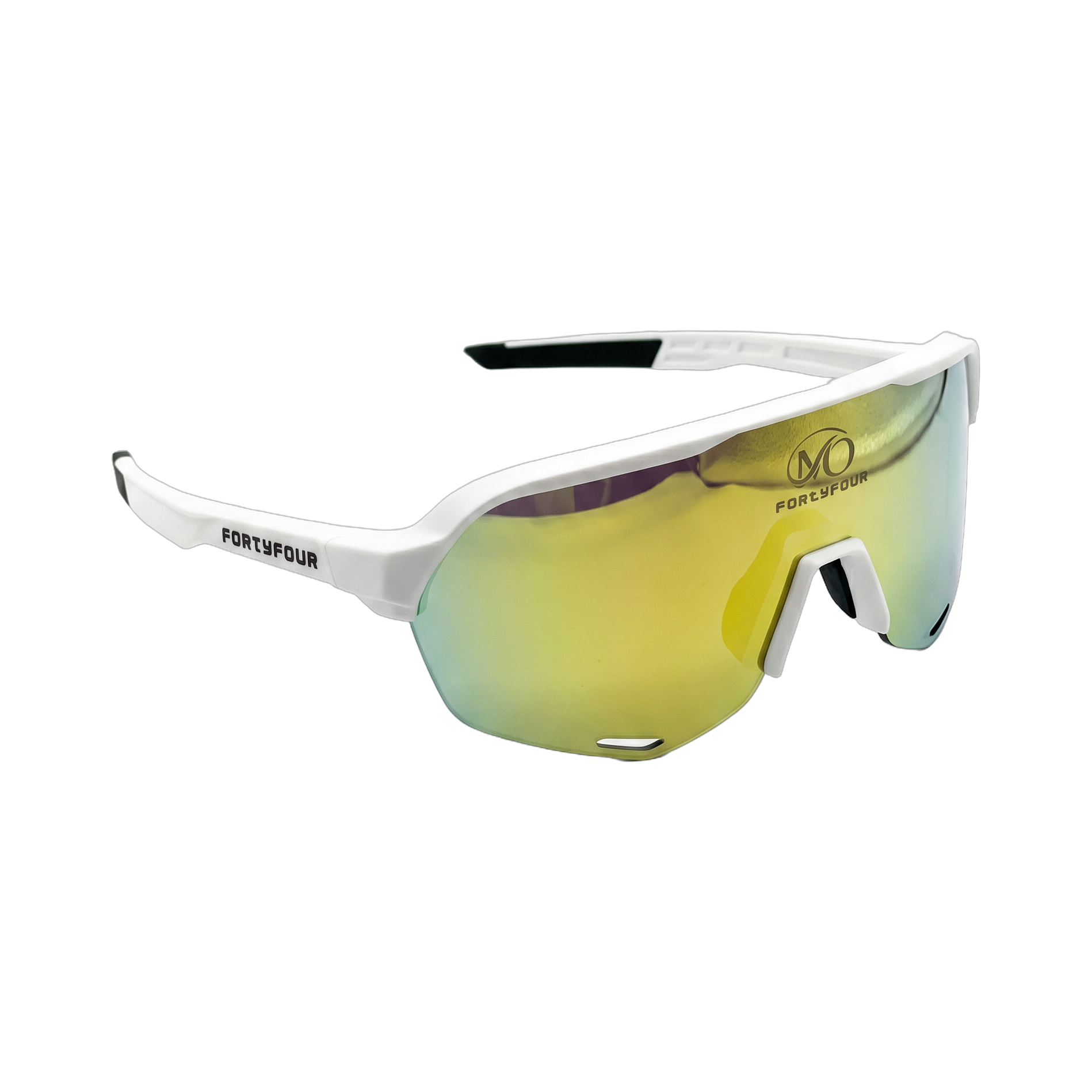 FortyFour Aura Sunglasses – three-quarter angle, white frame with gold mirror lens