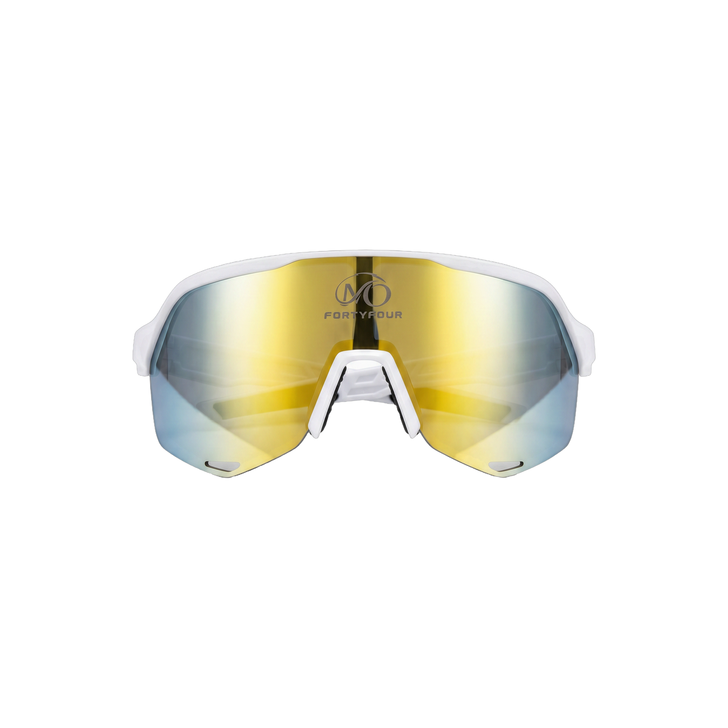 FortyFour Aura Sunglasses – front view, white frame with gold mirror lens