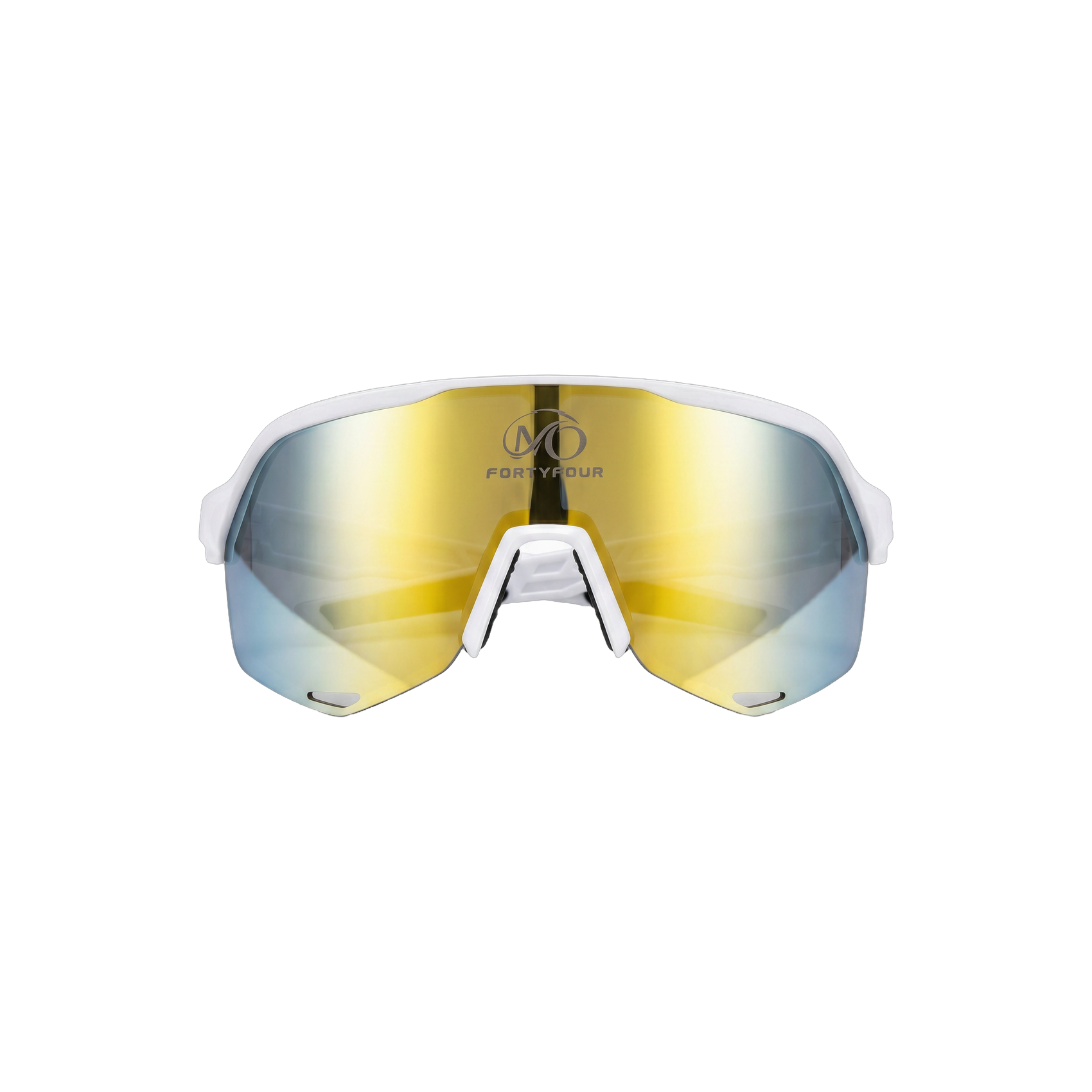 FortyFour Aura Sunglasses – front view, white frame with gold mirror lens
