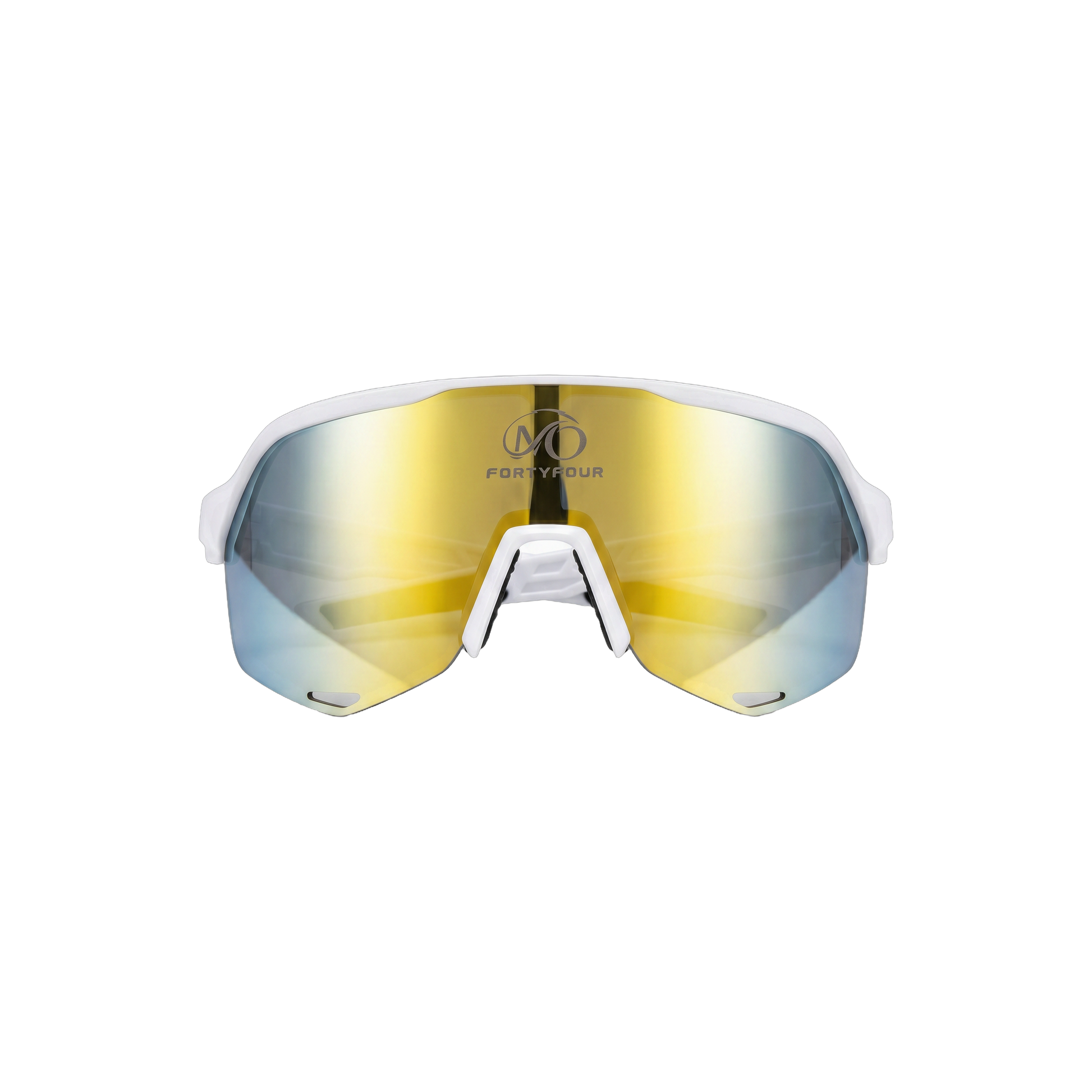 FortyFour Aura Sunglasses – front view, white frame with gold mirror lens