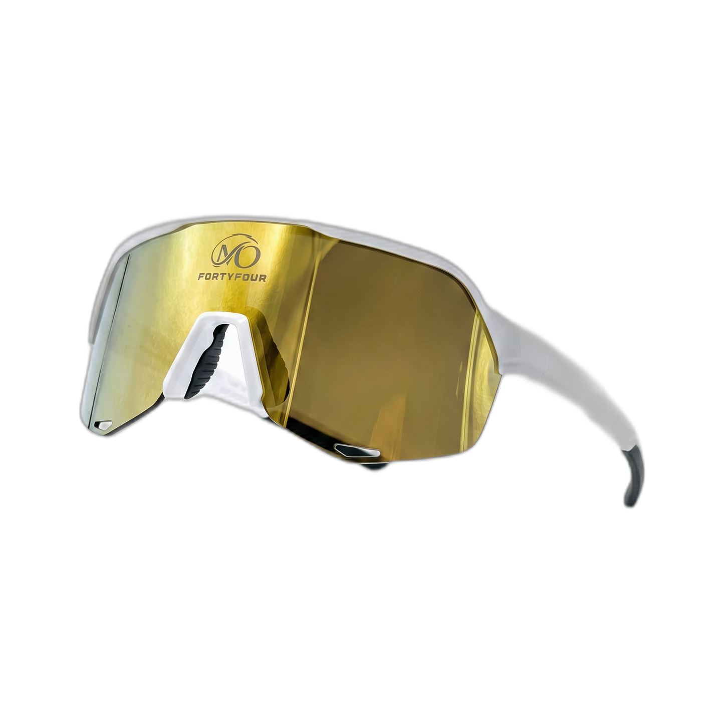 FortyFour Aura Sunglasses – side profile, white frame with gold mirror lens