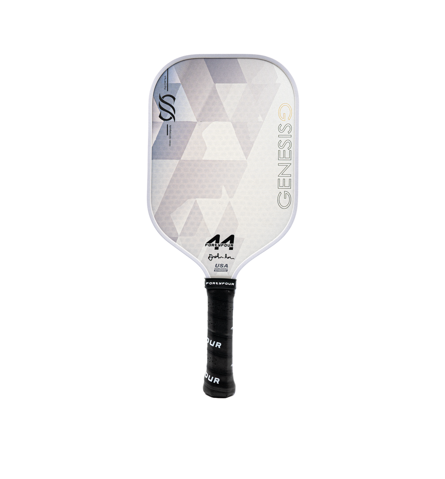 Fortyfour Genesis fiberglass pickleball paddle front view showing textured grit surface and elongated handle