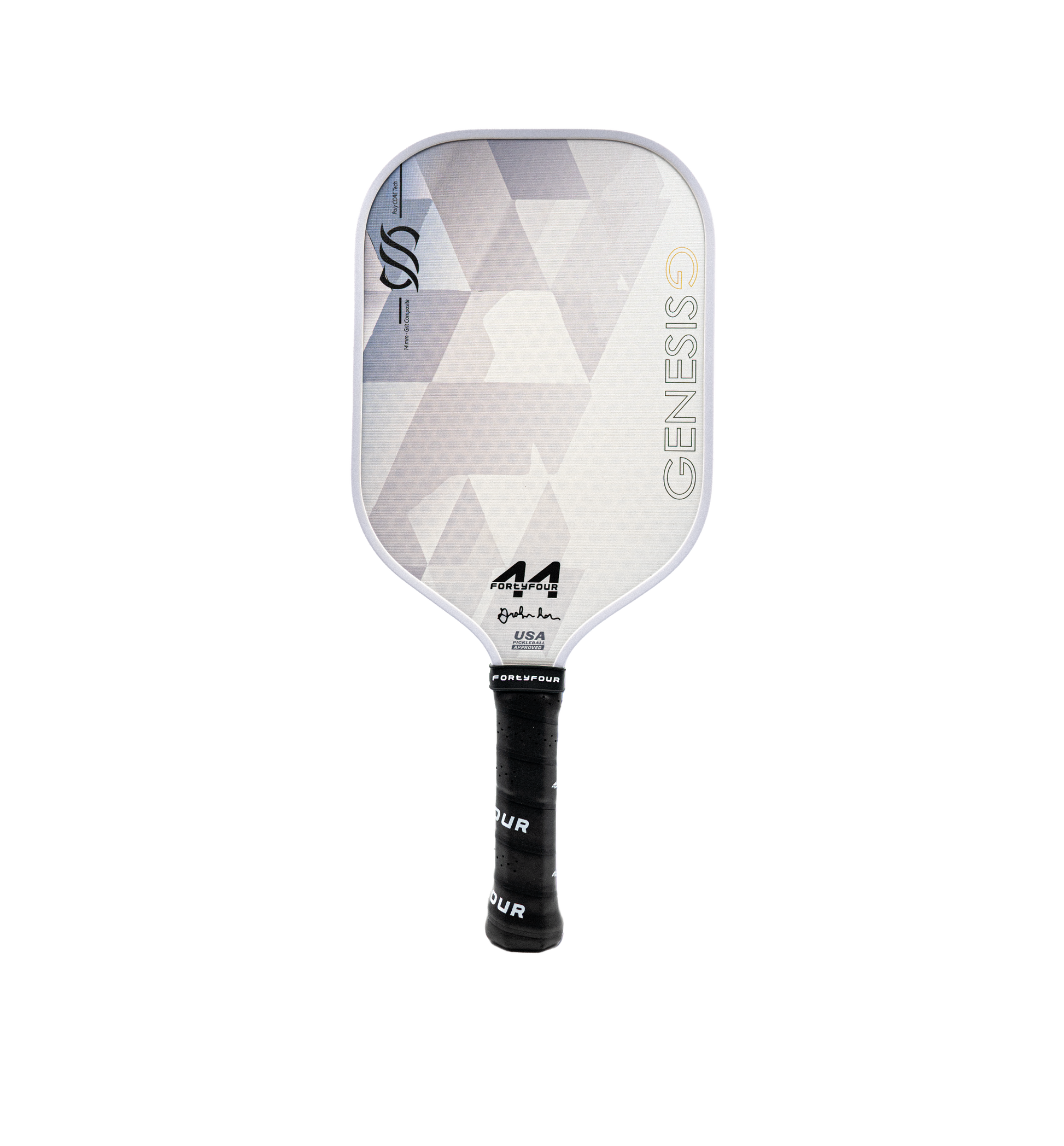 Fortyfour Genesis fiberglass pickleball paddle front view showing textured grit surface and elongated handle