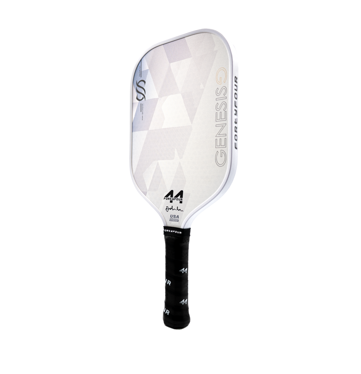 Fortyfour Genesis pickleball paddle side profile showing 14mm polymer honeycomb core thickness
