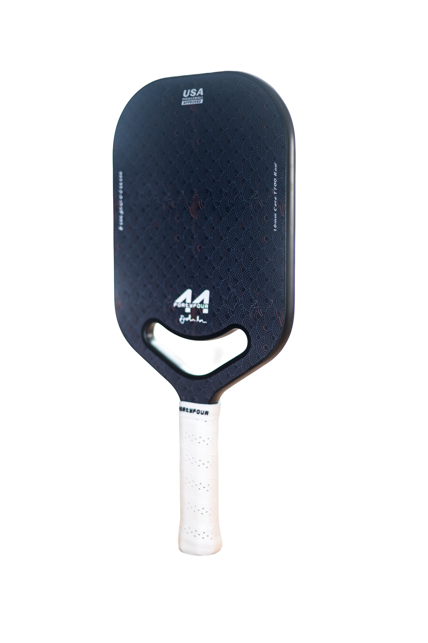 Fortyfour Imperium pickleball paddle side profile showing 16mm polymer core and edgeless perimeter construction