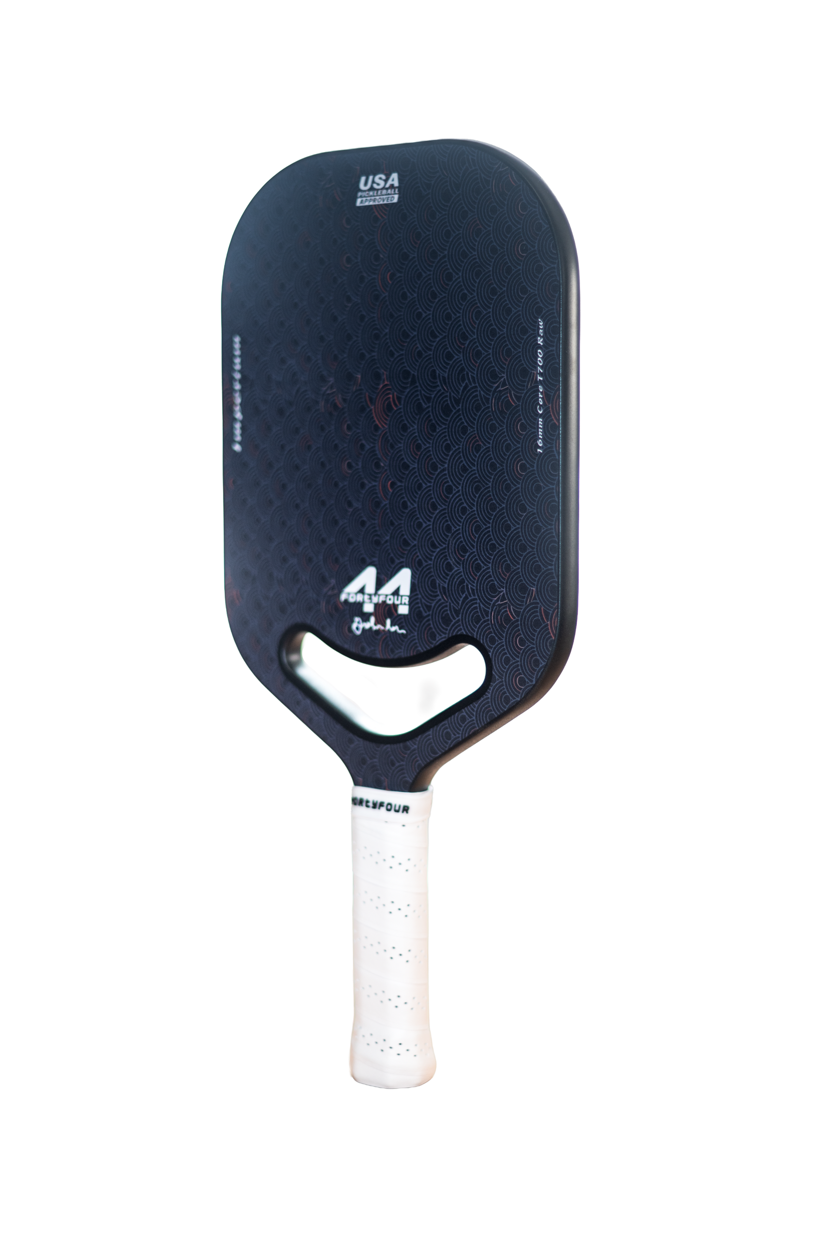 Fortyfour Imperium pickleball paddle side profile showing 16mm polymer core and edgeless perimeter construction
