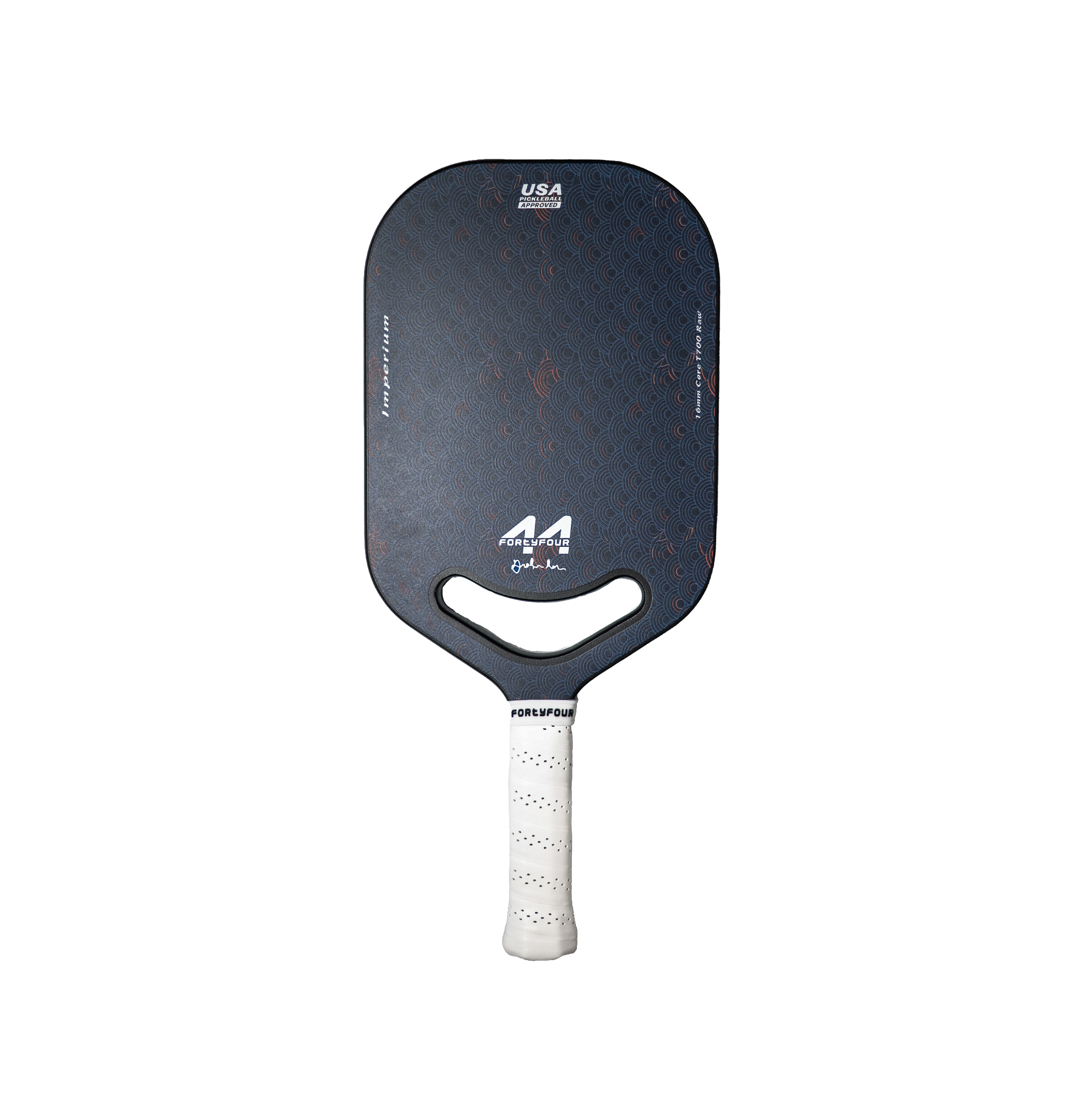Fortyfour Imperium edgeless T700 carbon fiber pickleball paddle front view showing frameless design and aerodynamic throat