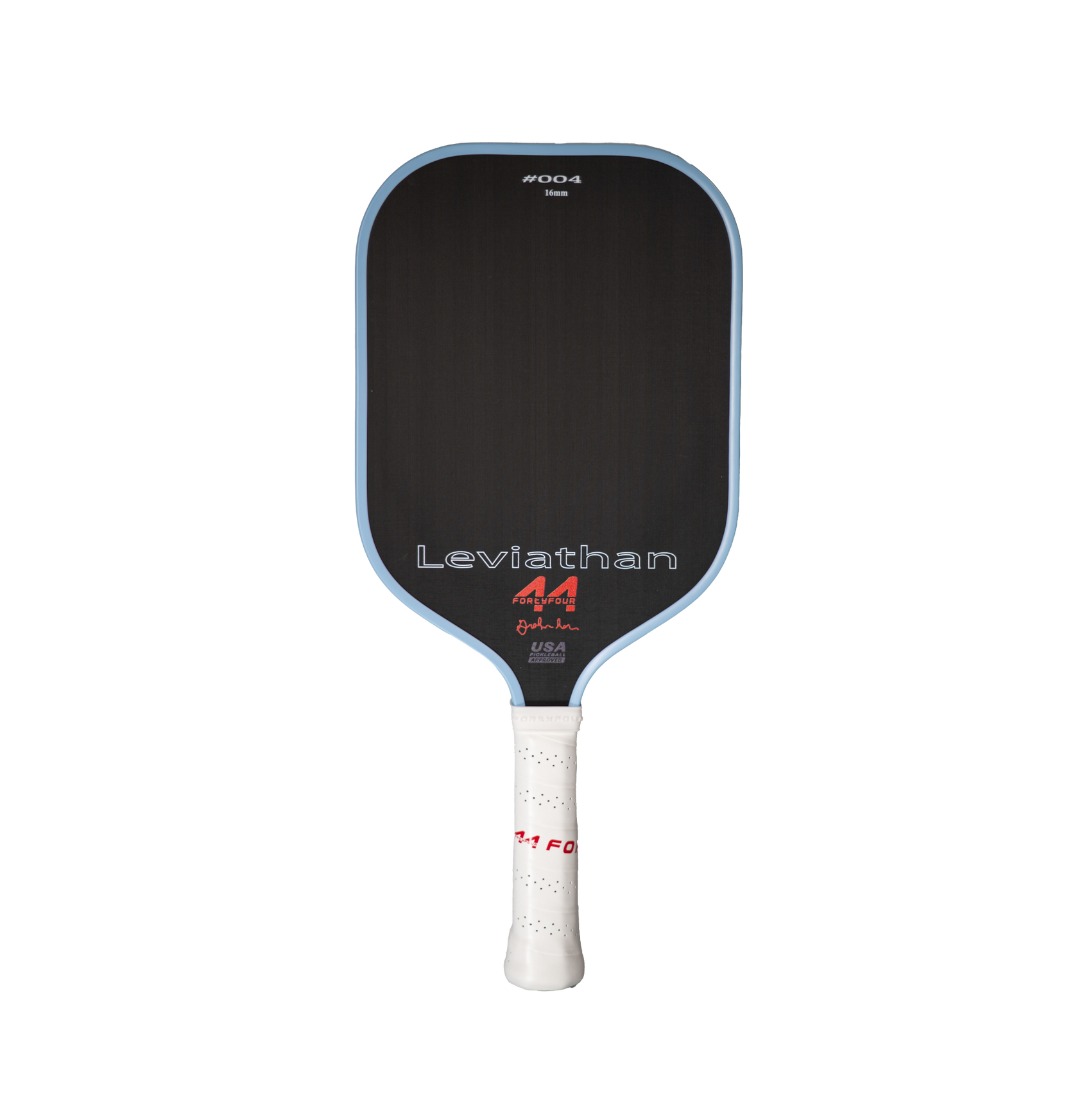 Fortyfour Leviathan T300 carbon fiber pickleball paddle front view showing raw carbon face and cold-pressed construction