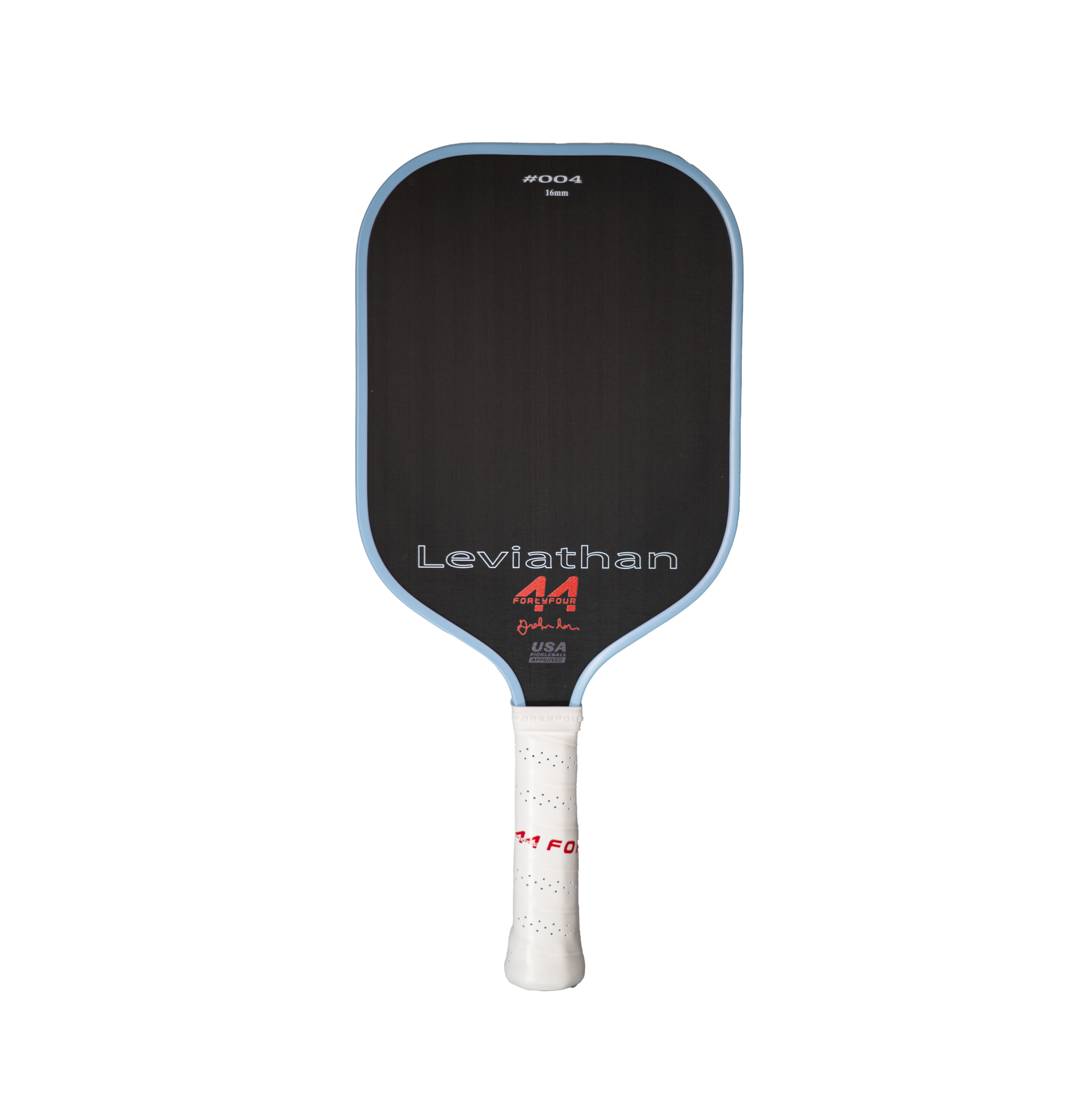 Fortyfour Leviathan T300 carbon fiber pickleball paddle front view showing raw carbon face and cold-pressed construction