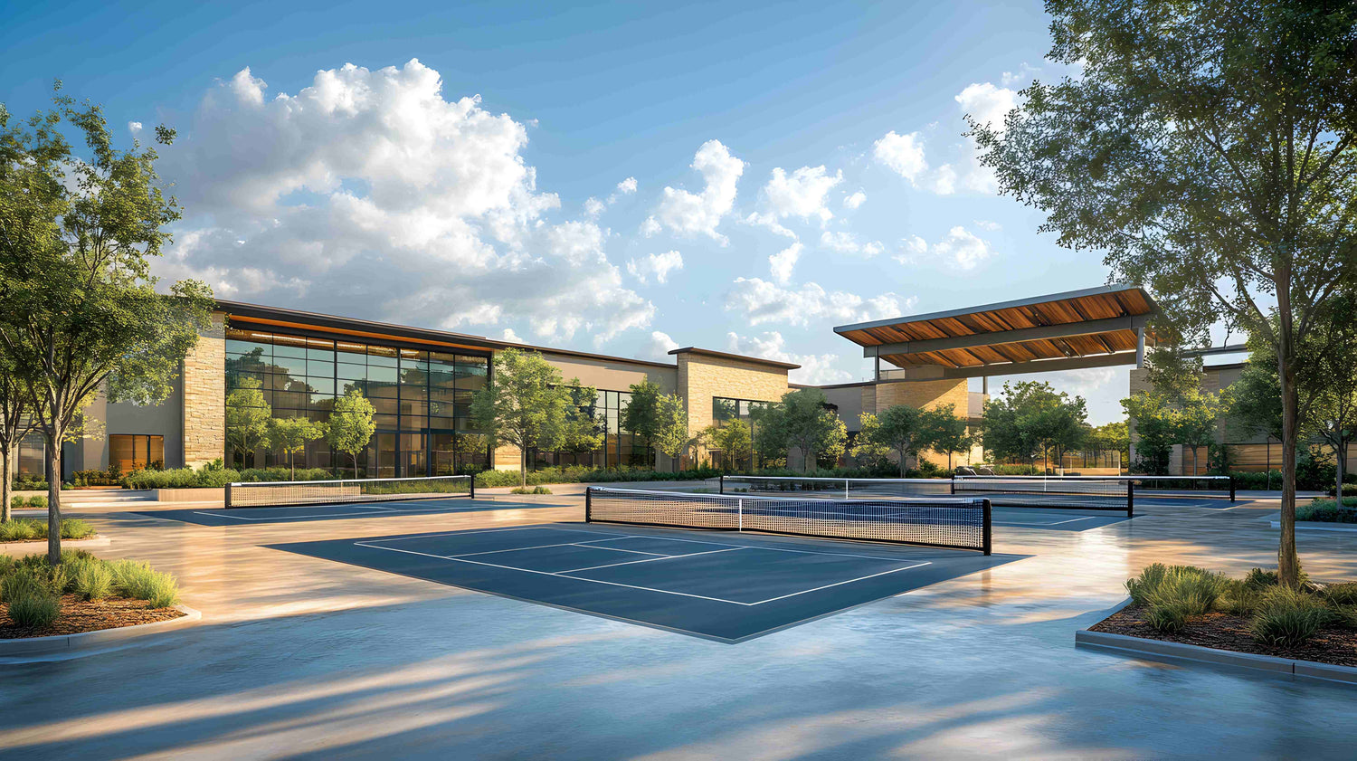 Luxury Caribbean resort featuring professional Fortyfour Sports pickleball court facility with tropical landscaping