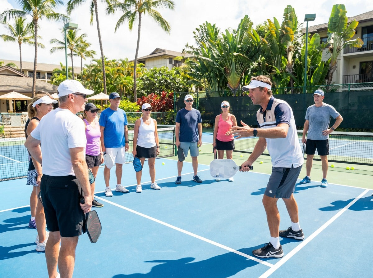 Certified pickleball coach leading group lesson at resort through Fortyfour Sports coaching network