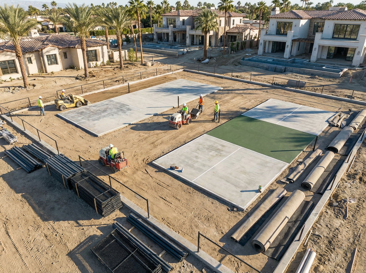 Professional pickleball court construction and surface installation at resort property