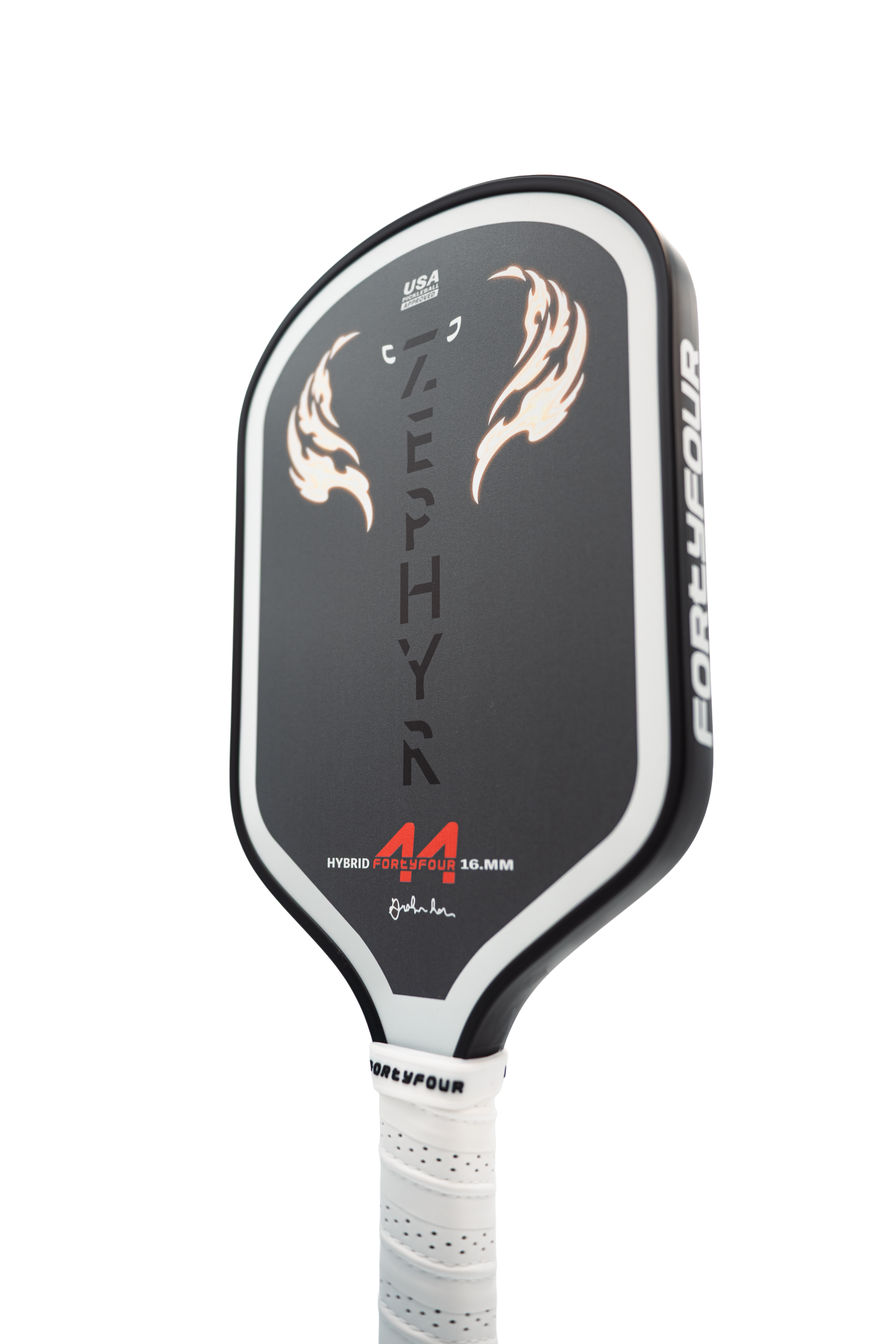 Fortyfour Zephyr pickleball paddle side profile showing 16mm polymer honeycomb core thickness