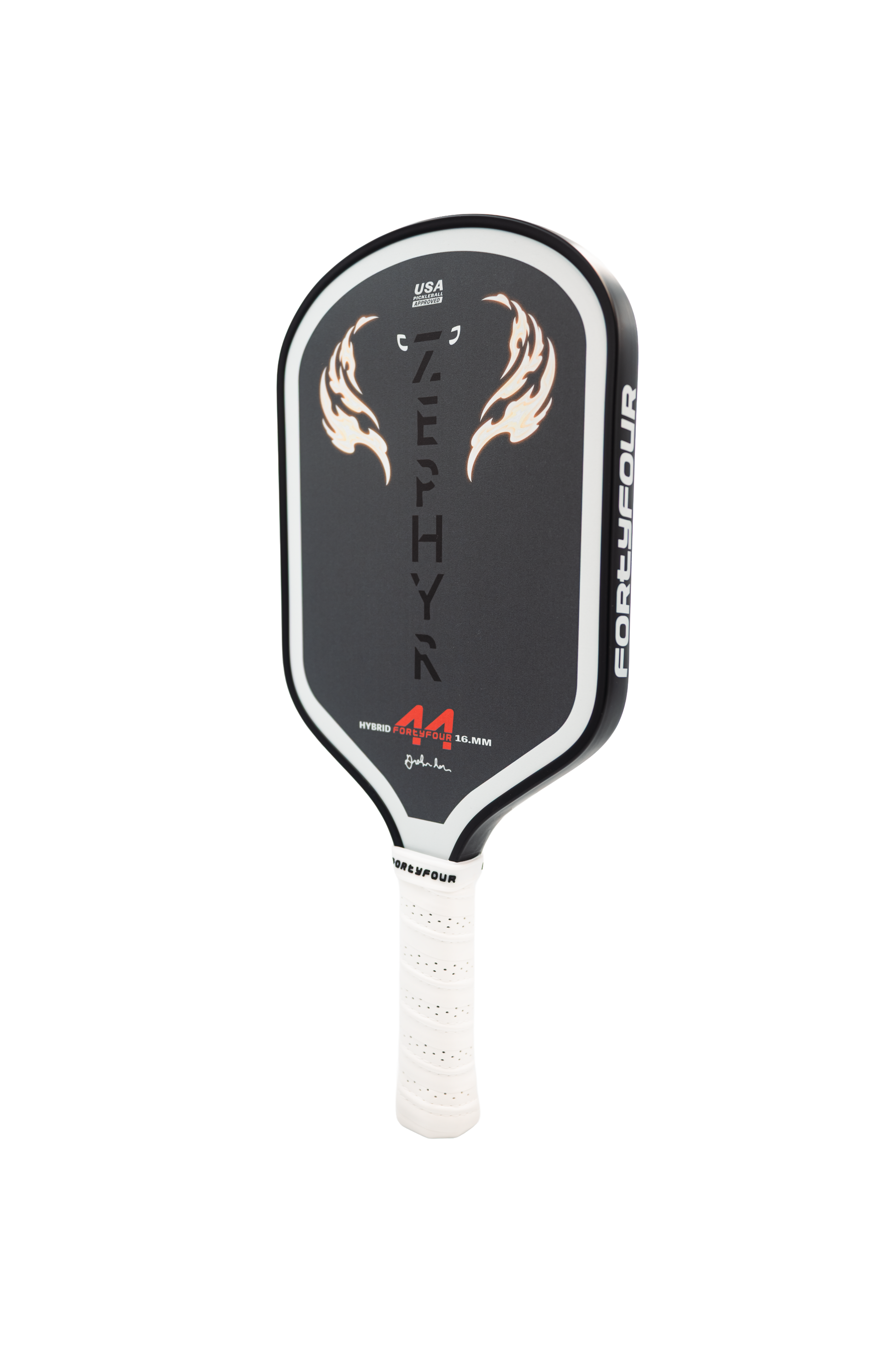 Fortyfour Zephyr T300 carbon fiber pickleball paddle back view showing hybrid shape and edge guard