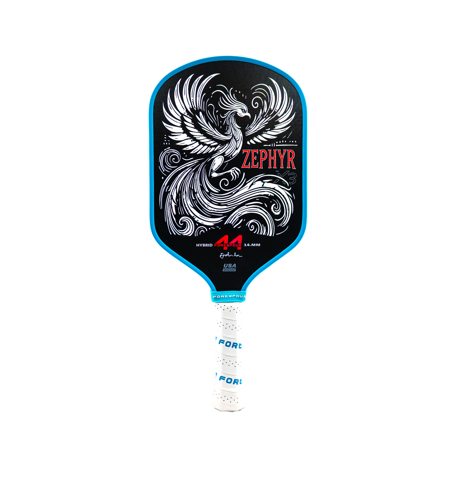 Fortyfour Zephyr X3 fiberglass control pickleball paddle front view showing hybrid shape and textured face