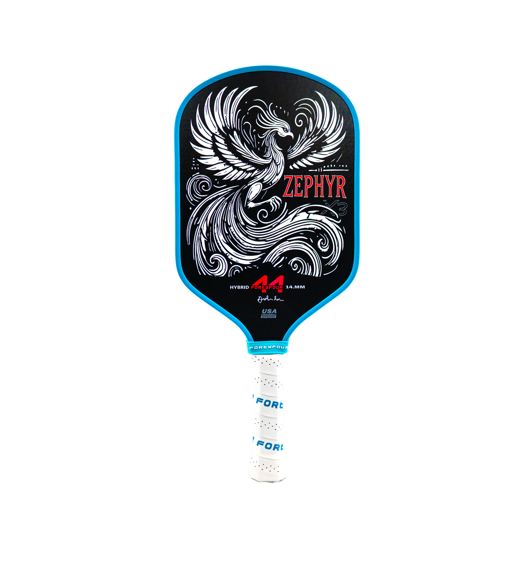 Fortyfour Zephyr X3 fiberglass control pickleball paddle front view showing hybrid shape and textured face