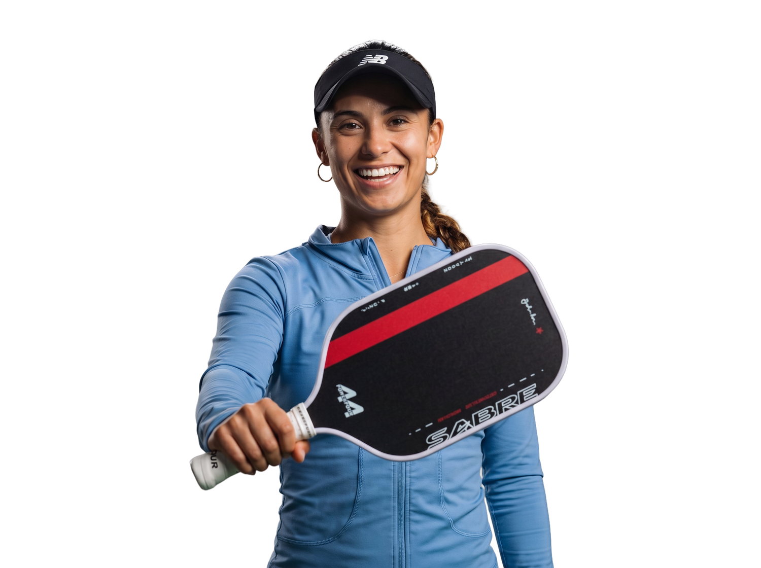 Pickleball pro holding a pickleball paddle with a white background