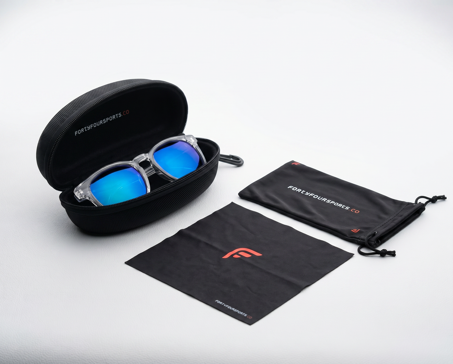 FortyFour Shades in the included zippered hard case with pouch and cleaning cloth