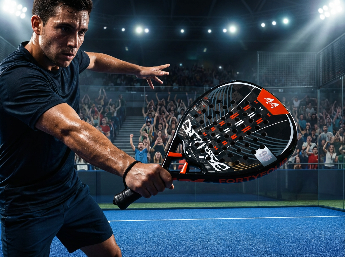 professional padel player using the fortyfour sports padel paddle eclipse pro